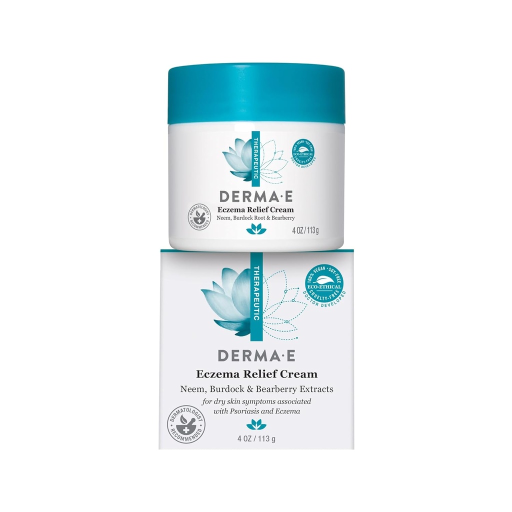 Derma E E Eczema Relief Cream – All Natural Itch Relief – Soothing, Relieves Flaky, Scaly and Dry Skin - Antioxidant-Rich Topical Eczema and Psoriasis Cream, 4oz