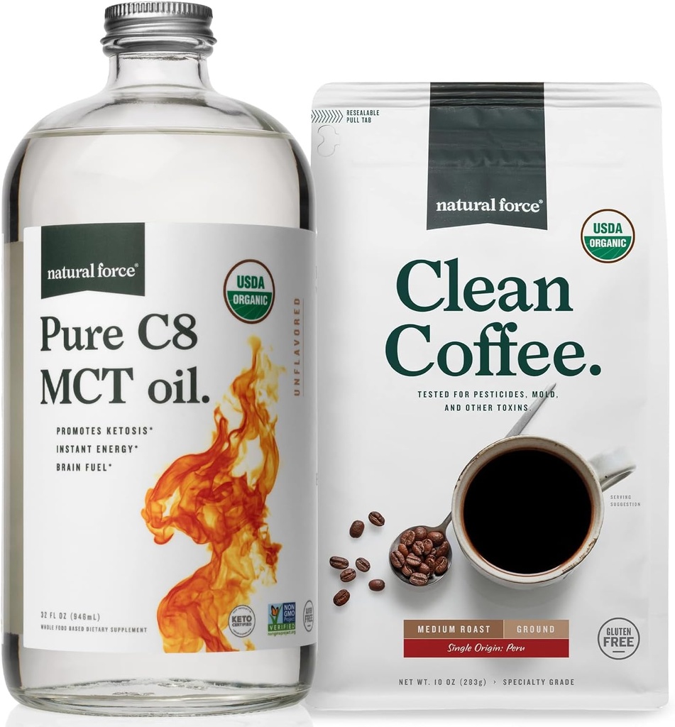 Natural Force Organic Ground Clean Coffee + Organic Pure C8 MCT Oil Bundle – 100% C8 MCTs & Mold & Mycotoxin Free Coffee – Non-GMO, Keto, Paleo y Vegan - 10 Oz Bag y 32 Oz Glass Bottle
