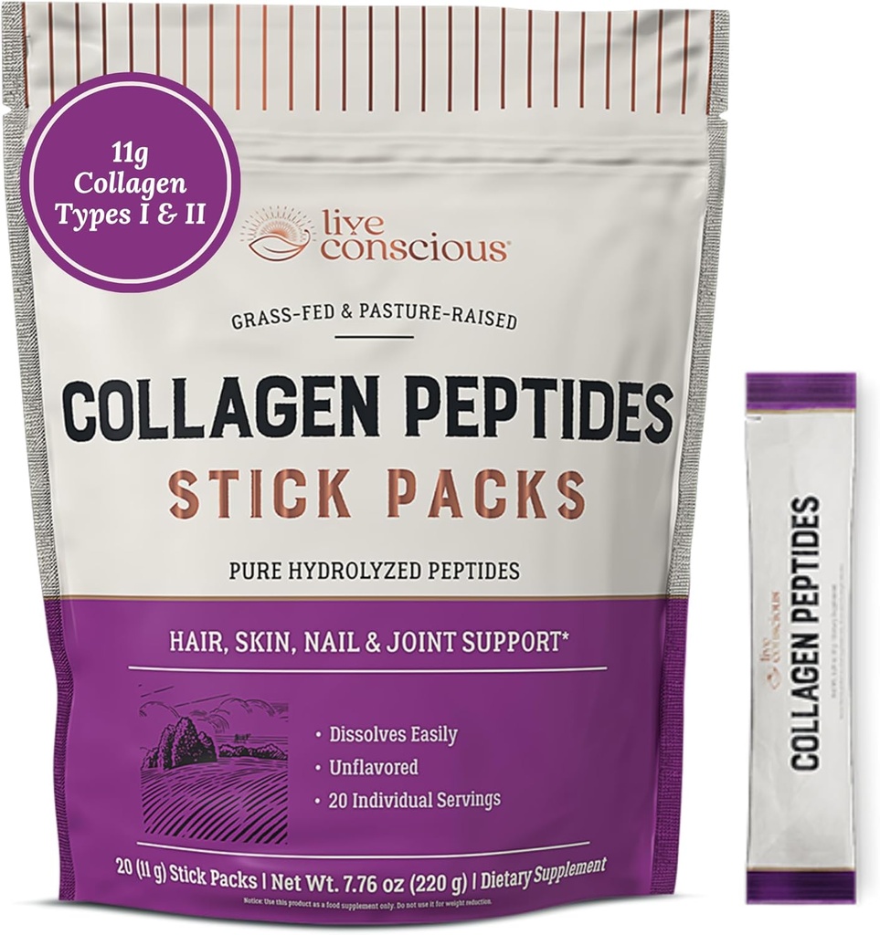 Peptides de colágeno en vivo para polvo Packets desfavorados - Polvo de colágeno hidrolizado - Cabello, piel, uñas, &amp; soporte conjunto - Tipo I & III Suplementos de colágeno de hierbas para mujeres y hombres - Pack de 20
