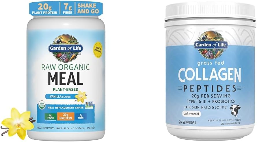 Jardín de la vida Pólvora de proteína vegana - Raw Organic Meal Replacement Shakes - Vainilla - Pea Protein " Grass Fed Collagen Peptides Pólvora - Pólvora de Collagen Desflavorada para Mujeres Hombres Piel de uñas