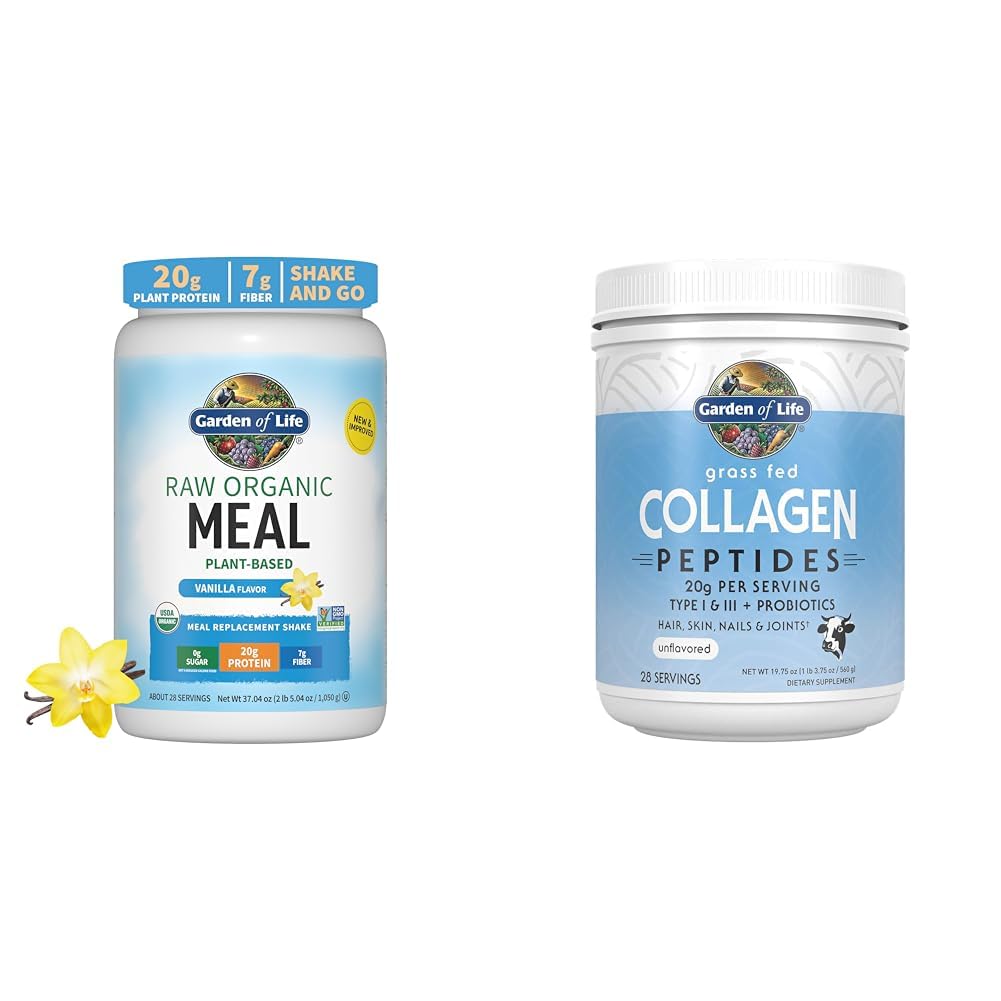 Jardín de la vida Pólvora de proteína vegana - Raw Organic Meal Replacement Shakes - Vainilla - Pea Protein " Grass Fed Collagen Peptides Pólvora - Pólvora de Collagen Desflavorada para Mujeres Hombres Piel de uñas