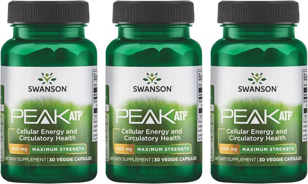 Swanson Maximum Strength Peak ATP-Natural Supplement Promoting Cellular Energy Support-Supports Physical Performance and Promotes Healthy Blood Flow Support-(30 Veggie Capsules, 400mg Cada) 3 Pack