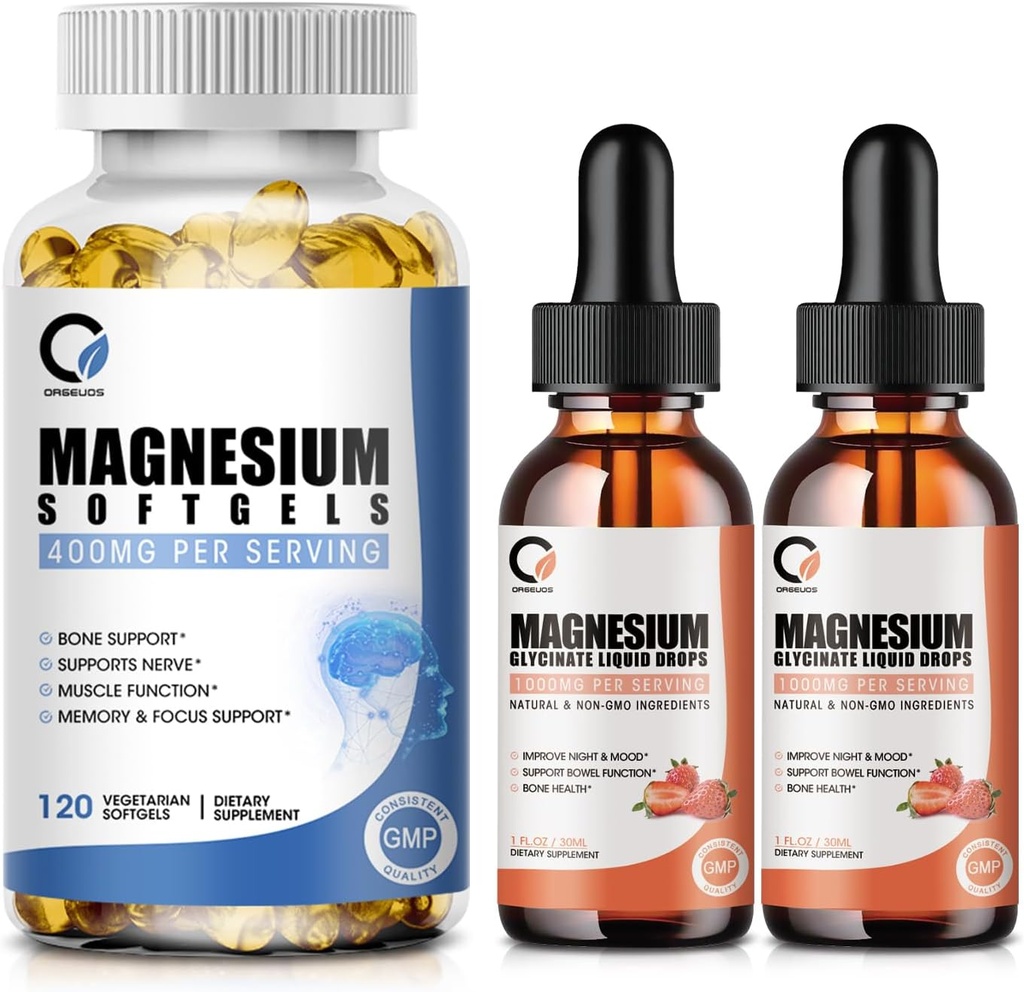 Magnesium Glycinate Drops &amp; Magnesium Glycinate 400mg Softgels for Men &amp; Women, Support Energy, Night, Muscle & Joint Function, Non-GMO, Vegan