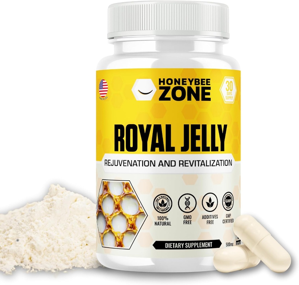 Royal Jelly Capsules – 500 mg Energy, Glowing Skin y Brain Booster Suplemento Silencioso no GMO, libre de gluten, 60 cápsulas vegetarianas fáciles de cambiar