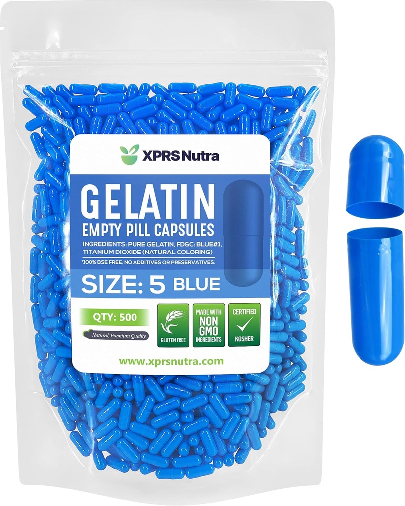 XPRS Nutra Size 5 Empty Capsules - 500 Cuentas Muy Pequeñas Gelatina Capsules - Pills DIY Capsule Filling - Fillable Pill Gel Caps for Do-It-youself Vitamin Supplements (Blue)