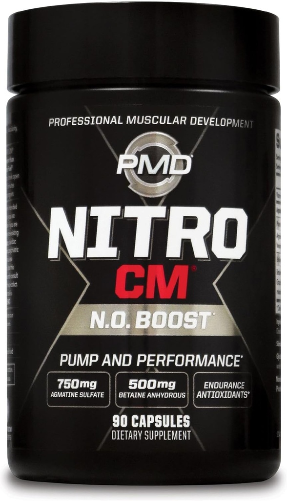 PMD Sports Nitro cm - óxido nítrico con Agmatine Pre Workout Suplemento - Crecimiento muscular Pre Workout con L Arginine - Endurance Boost for Hardcore Ejercicio, Formación y Bodybuilding - 90 cápsulas