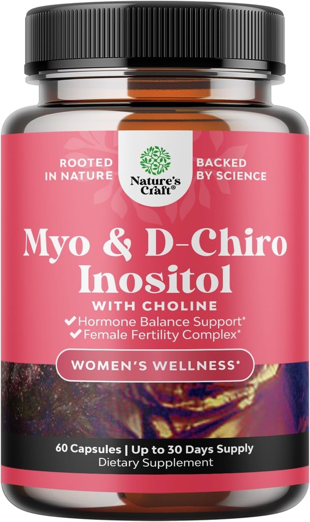 Myo-Inositol & D-Chiro Suplemento de Inositol para Mujeres - Suplemento de Choline para Regular Ciclo Menstrual, Fertilidad &amp; Saldo Hormonal - Mujeres Equilibrio de Hormonas Con Myo & D-Chiro - 60 Caps