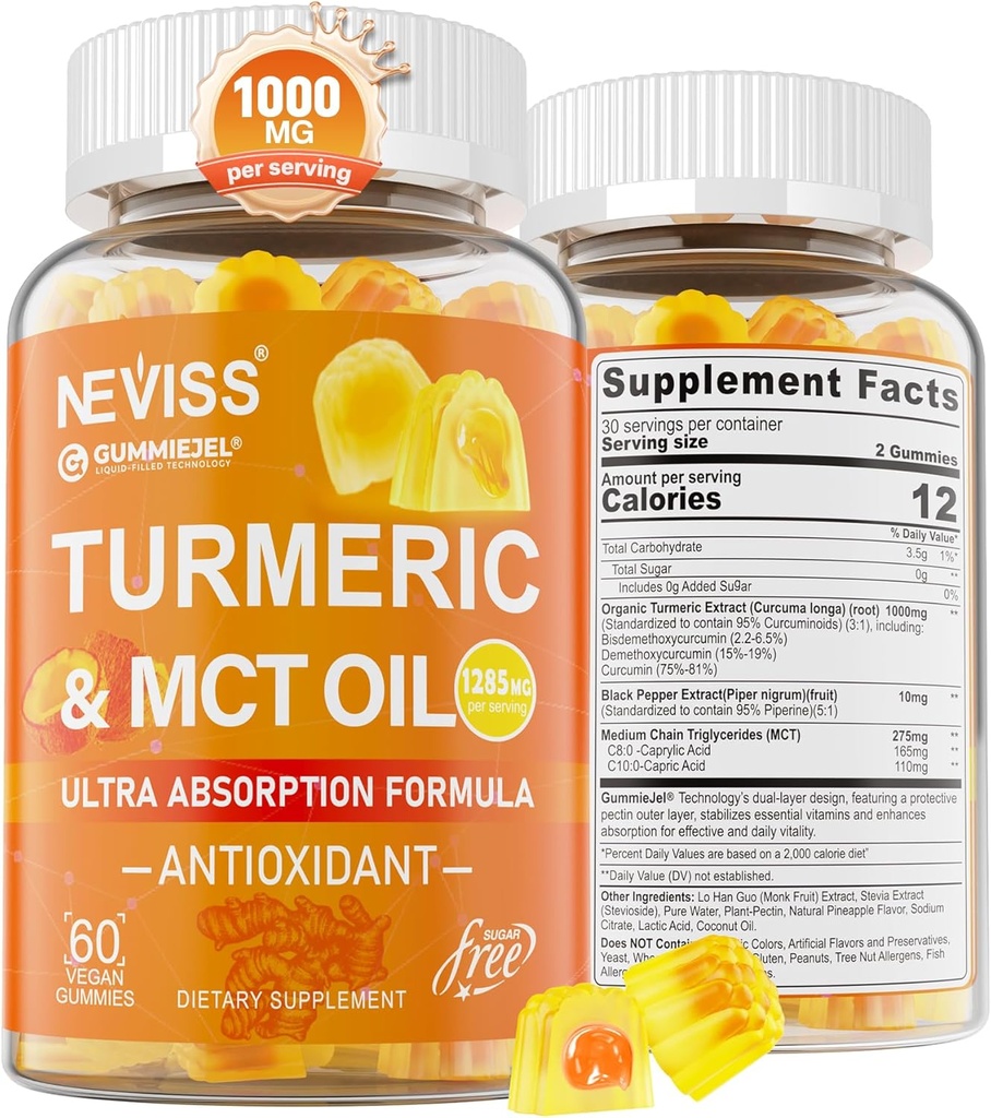 Turmérico Gummies 1000mg w/MCT Oil C8 C10, Antioxidante orgánico, Suplemento de Curcumina Turmérica con Extracto de Pepper Negro, Confort de Soporte, Energía Boost, Ultra Absorción, Libre de Azúcar, 60 Cts