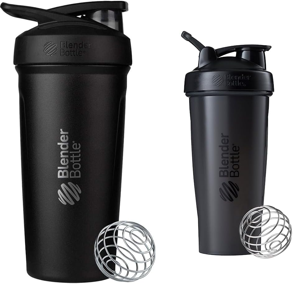 BlenderBottle Strada Shaker Cup Insulated Stainless Steel Water Bottle with Wire Whisk, 24-Ounce, Black & Classic Shaker Bottle Perfect for Protein Shakes and Pre Workout, 28-Ounce, Black