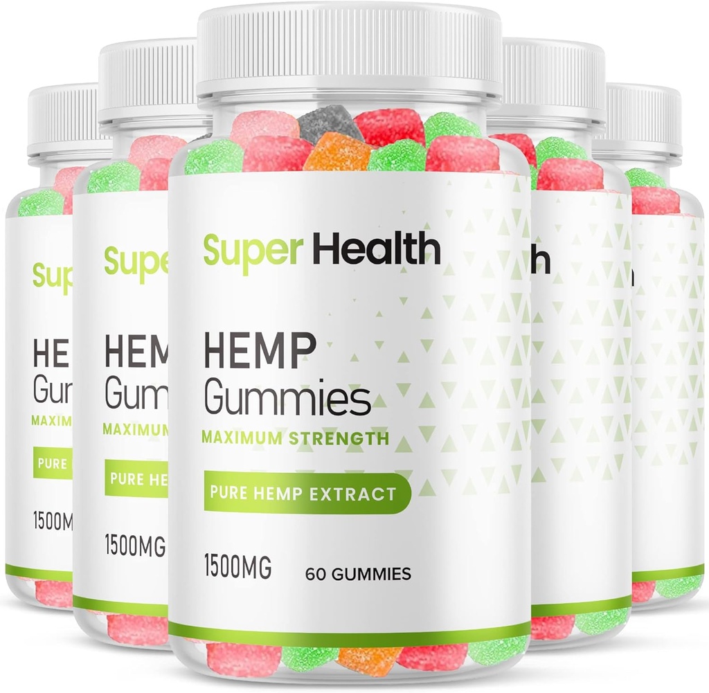 (5 Pack) Super Health Hemp Gummies - Fórmula Oficial - Super Health Gummies Extra Strength with 25mg Por Gummy and 1500mg per Bottle, Assorted Flavors Gummies Maximum Strength New 2023 (300 Gummies)