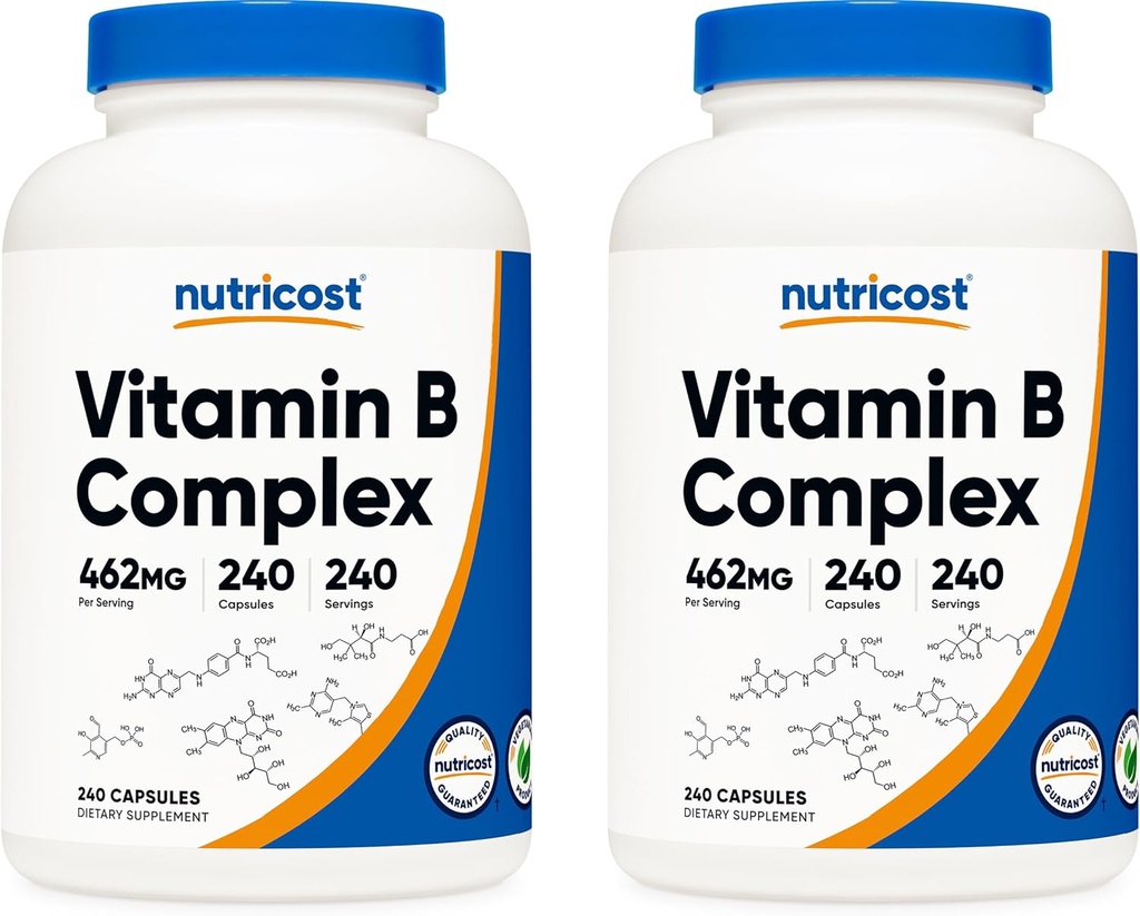Complejo de vitamina B de alta potencia Nutricost 462 mg, 240 cápsulas (2 botellas) - con vitamina C