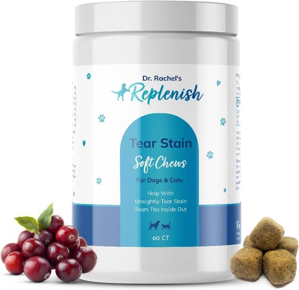 Replenish Tear Stain Chews for Dogs and Cats - Dr. Rachel's Tear Stain Remover for Dogs - Dog Eye Tear Stain Remover - Tear Stain Supplement for Dogs - Natural Tear Stain Soft Chews - 60 Cuenta