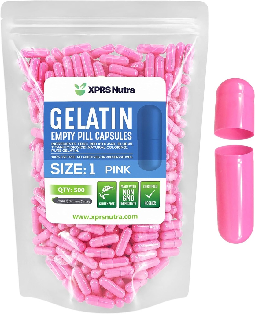 XPRS Nutra Size 1 Empty Capsules - 500 Count Empty Gelatin Capsules - Pill DIY Capsule Filling - Pure Bovine Pill Gel Caps for Do-It-youself Supplements (Pink)