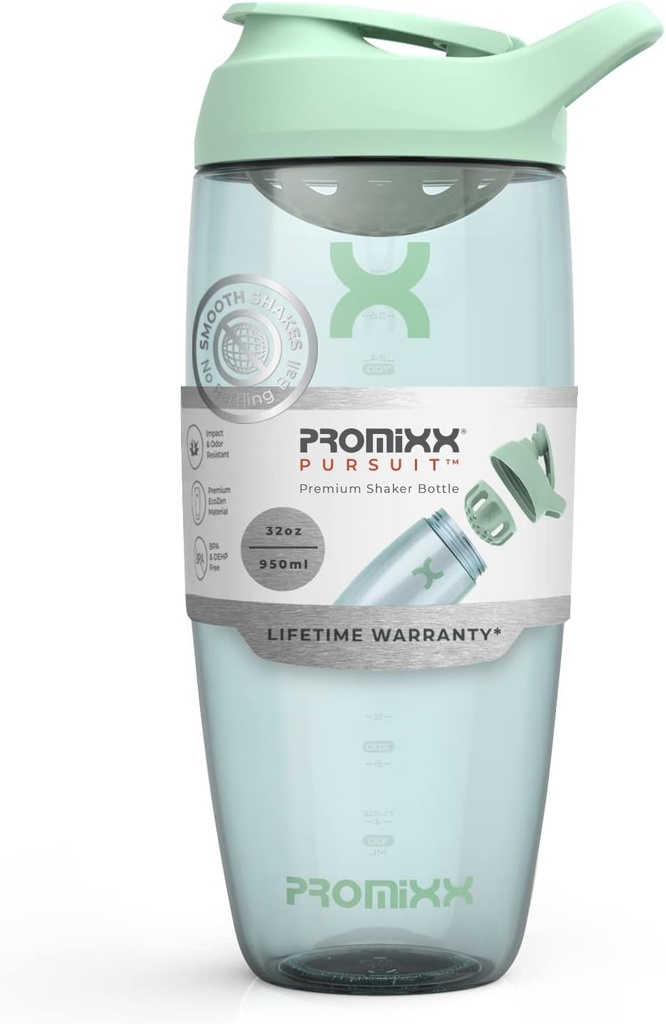 Promixx Pursuit Protein Shaker Bottle (32 oz) – Silent No-Ball Mixer, Leak-Proof Lid, BPA/BPS & Phthalate-Free ECOZEN – Easy-Clean Shaker Cup for Protein Shakes, Pre & Post-Workout Smoothies
