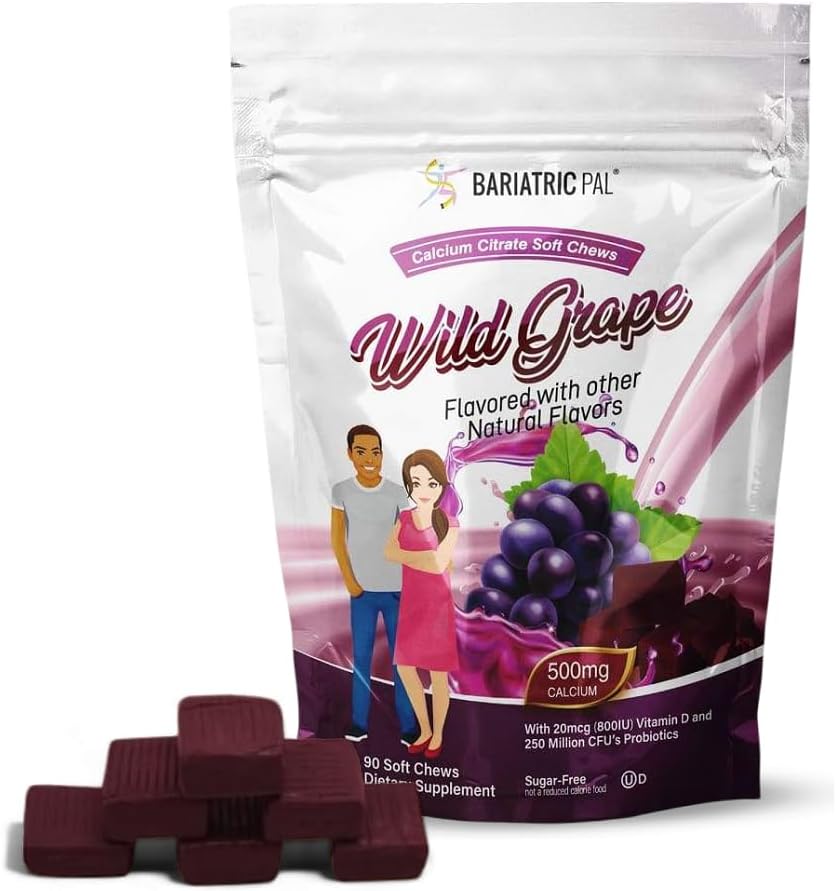 BariatricPal Citrato de Calcio sin Azúcar Citratos blandos TENIDO 500 mg con vitamina D &amp; Probióticos ANTERIVISIÓN Wild Grape ANTE 90 Conde (1 Mes de Suministro)