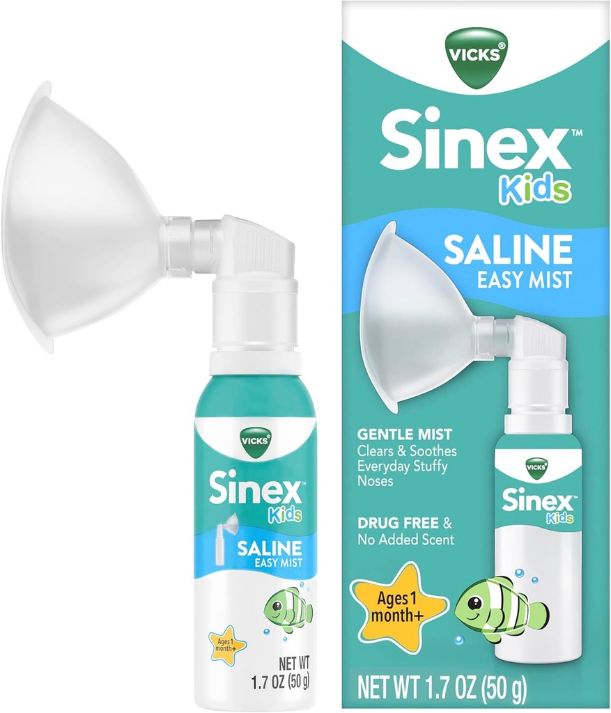 Vicks Sinex Kids Saline Easy Mist, Drug Free Saline, Ages 1 Mes+, Gently Clears and Soothes Todos los días Stuffy Noses, Safe for Daily Use, 1.7 OZ