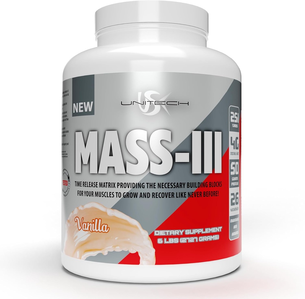 Unitech USK Mass Vanilla Powder ← Absorbable Mass Gainer Suplemento ← Rich in Protein, Vitaminas, " Minerals ← Protein Isolate " Concentrate ← Soporta Crecimiento muscular " Recuperación