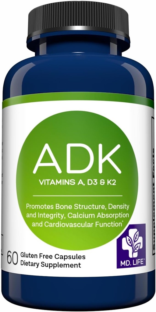 MD.LIFE ADK Suplemento de vitamina – Vitamina D3 K2 y Complejo – 60 cápsulas – High Potency Vitamin ADK for Bone and Heart Health Support