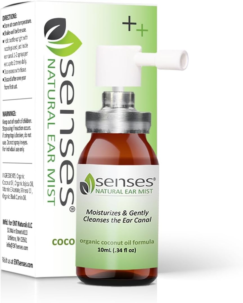 SENSES gotas de oído natural - Fisiciano Fórmulada, Aceite de coco orgánico para las orejas irritadas - Uso para la limpieza, hidratación, Alivio de las alergias, Ayudas auditivas y Ear Wax, 0.34 Fl Oz