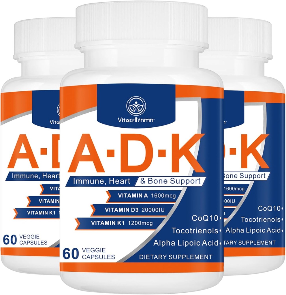 Suplemento de vitaminas ADK 20000 UI - Vitaminas de alta potencia A, D3 y K1 para el corazón, la salud ósea y el apoyo inmunológico Vitamina ADK 180 cápsulas