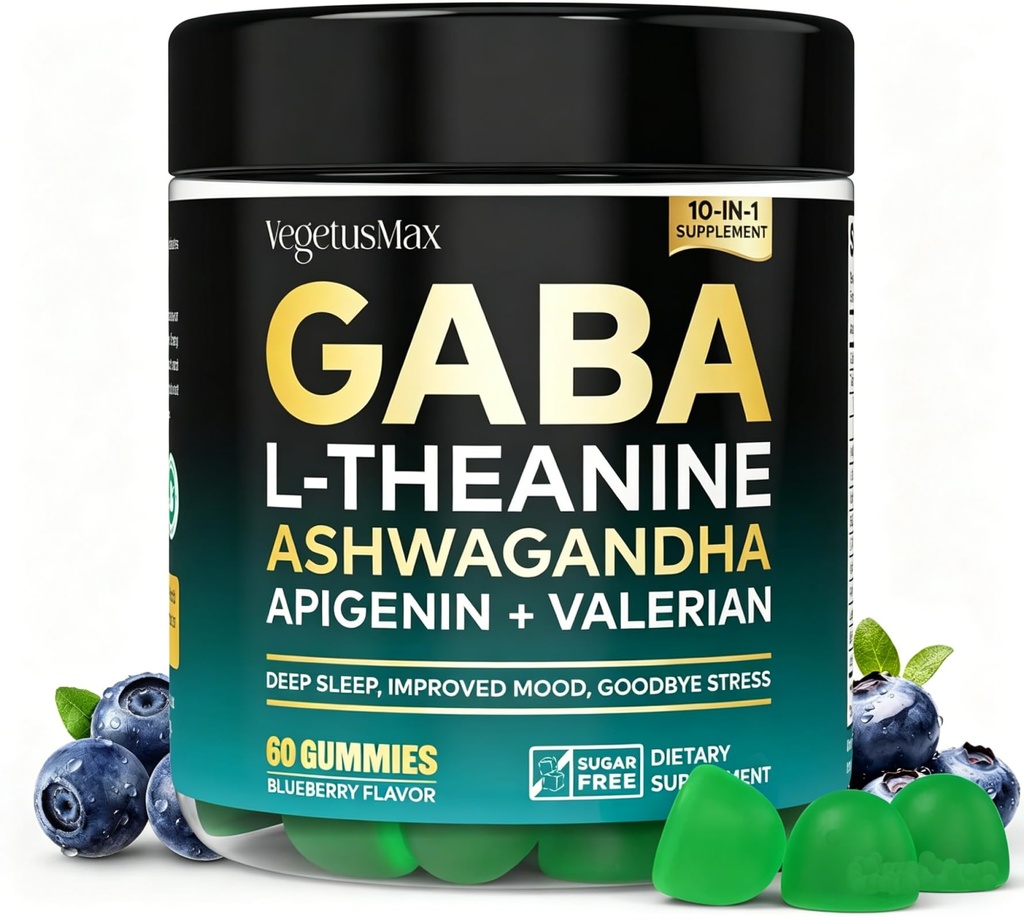 GABA L-Theanine Gummies, Sugar-Free Calm Gummies with L-Theanine, Ashwagandha,Valerian Root,Magnesium TEN Support Sleep,Stress Relief & Relaxation ← Suplemento GABA para Adult- Blueberry Flavor