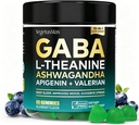 GABA L-Theanine Gummies, Sugar-Free Calm Gummies with L-Theanine, Ashwagandha,Valerian Root,Magnesium TEN Support Sleep,Stress Relief & Relaxation ← Suplemento GABA para Adult- Blueberry Flavor