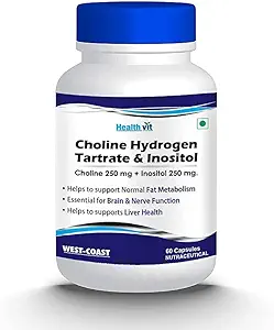 Choline Hydrogen Tartrate 250mg &amp; Inositol 250 Mg - 60 Capsules peru Energy Metabolism, Liver Health, Essential for Brain &amp; Nerve Function - Non-GMO, Vegan, Gluten Free, Dairy Free