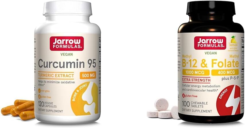 Jarrow Formulas Curcumin 95 500mg - Hasta 120 Servings (Veggie Caps) & Extra Strength Methyl B-12 1000 mcg &amp; Methyl Folate 400 mcg + P-5-P