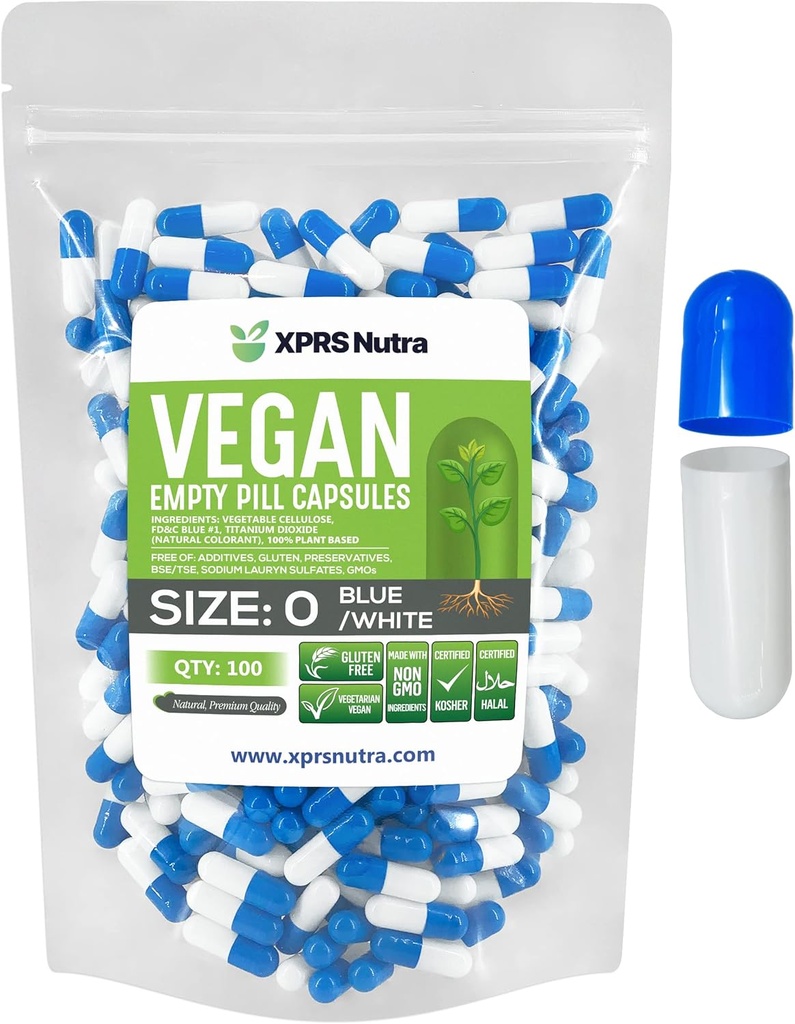 XPRS Nutra Tamaño 0 Empty Capsules - 100 Conde Empty Vegan Capsules - Vegetarian Pills - DIY Vegetable Capsule Filling - Veggie Pill Caps for Do-It-Yourself Suplements (Blue/White)