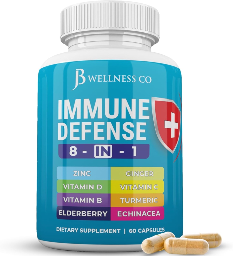 Immune Support 8 in 1 Capsules - Suplemento Zinc, Vitamina D3, Vitamina C y Elderberry - Immune Booster Suplemento con Echinacea, Ginger Root y Turmeric
