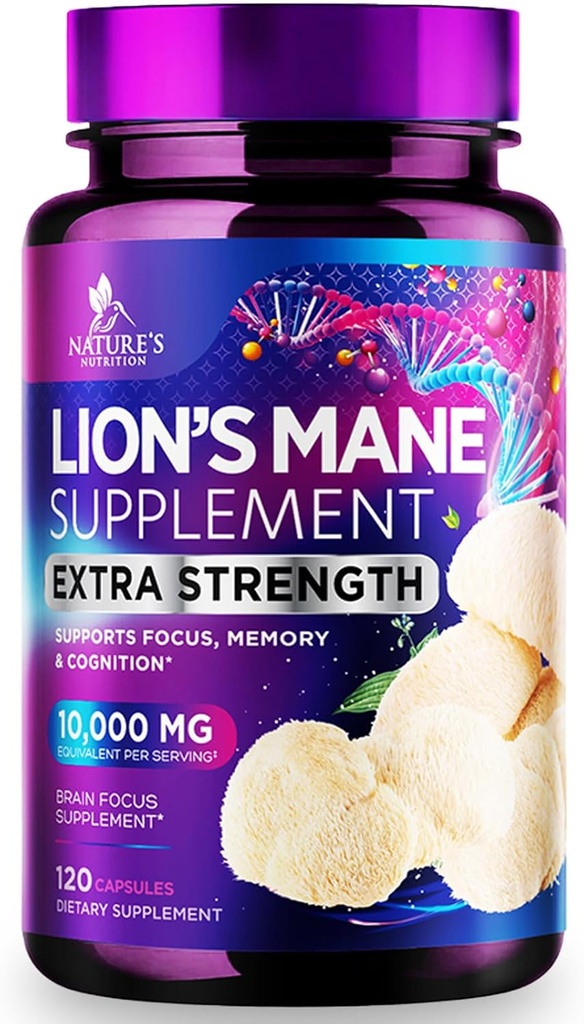 Lions Mane Mushroom Capsules 10,000mg - Lion's Mane Supplement Capsules for Memory and Focus Support, Brain, Immune Health Support, Vegan, Bottled in USA, Lions Mane Mushroom Powder Extract, 120 Conde