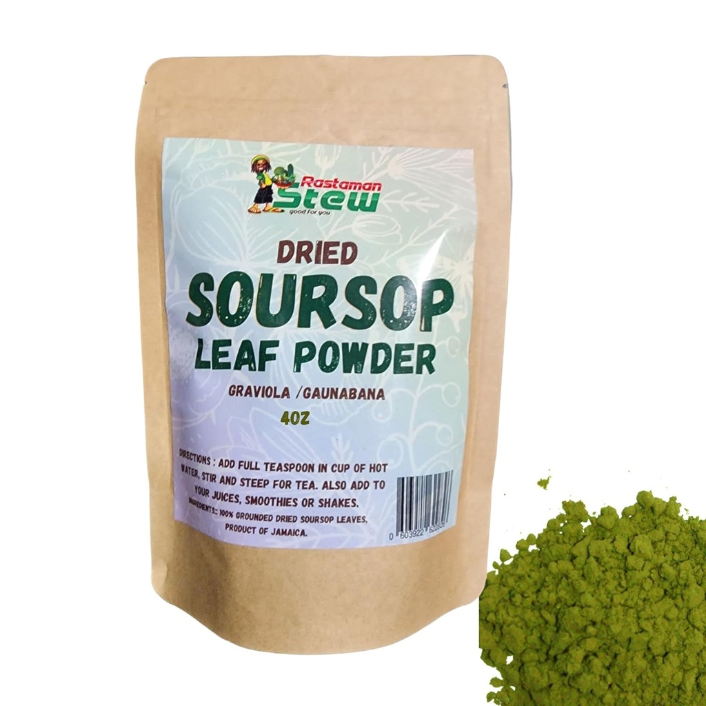 RastaMan Stew Soursop Té Fundada Hojas Orgánicas Polvo, Puro Graviola Leaf Extracto/Guanabana Leaves/Sour Sop Stem - Rich in Antioxidant and Nutrients - No Preservative (4oz) Brown