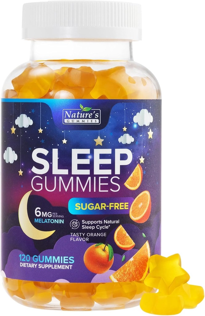 Gummies de sueño Suplemento 6mg - Azúcar Melatonina gratis Gummy para adultos, Natural Zero Azúcar Gummy Durmiente para adultos, niños, Orange Flavored, Vegan, Extra Strength Sleep Vitamin Support - 120 Gummies