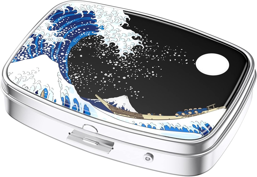 Nipichsha Pill Box, Small Pill Case for Purse & Pocket, Cute Travel Medicine Organizer, Portable Medicine Container Holder to Hold Vitamins, Medication, Fish Oil &amp; Supplements, Japanese Wave