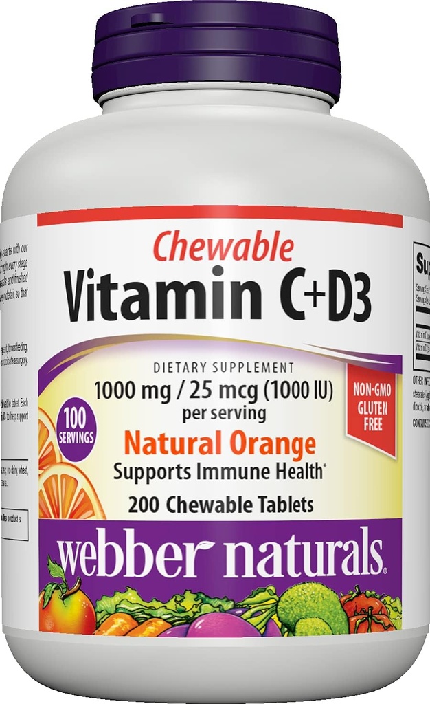 Webber Naturals Vitamina C+D3, 200 Tablas de naranja Chewable, 1000 mg de Vitamina C con 1000 UI de Vitamina D3 Por Servir, Huesos, Dientes, Apoyo Inmunitario y Antioxidante, No GMO, Dairy &amp; Gluten Free