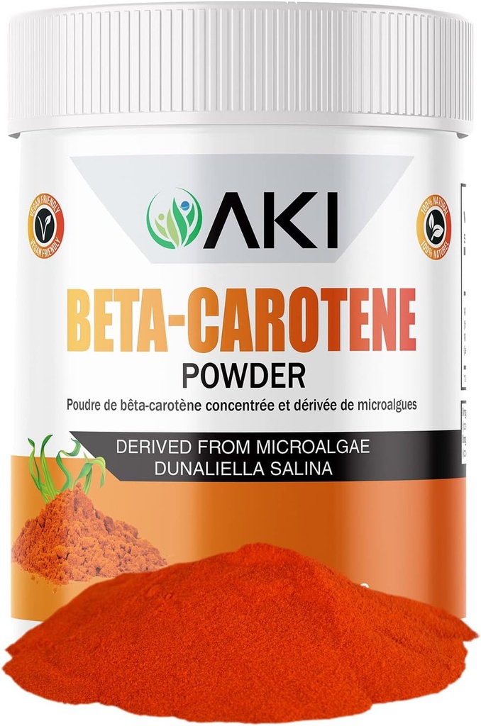 AKI Beta Caroteno 10% Powder (1.5oz/42.52g) Fount de sabor altamente concentrado de vitamina A, mayo ayuda a apoyar funciones corporales, habilidad, sistema inmunitario y ojo - GMO Free &amp; Vegan Friendly