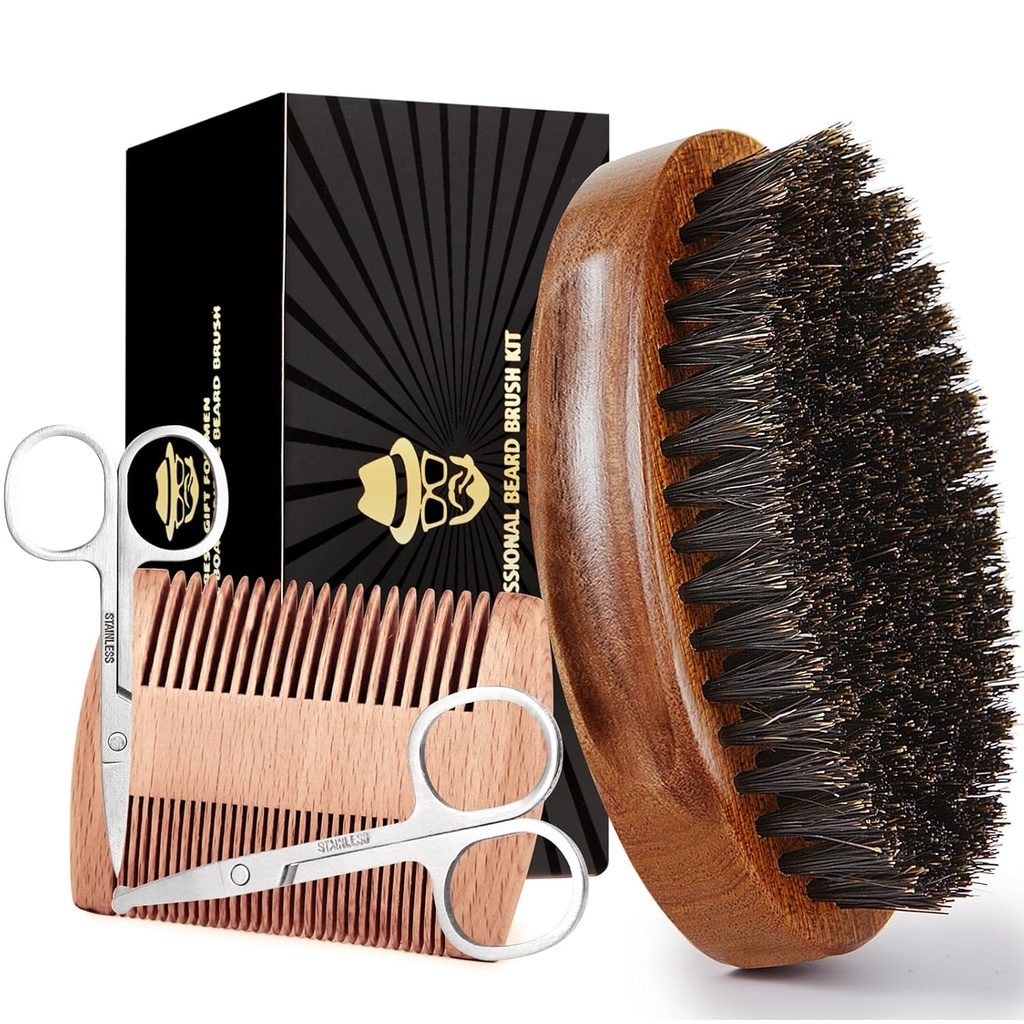 Cepillo de barba para los hombres, cepillo de barba 100% puro de boar, juego de aparejo de barba que incluye peine de barba, tijeras de bigote de 2 piezas y bolsa de viaje