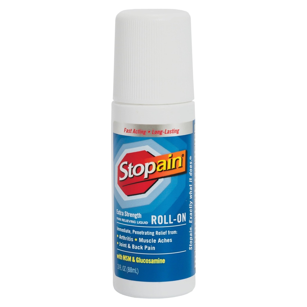 Stopain Pain Relief Roll On Gel 3oz, USA Made, Max Strength Fast Acting with MSM, Glucosamine, Menthol for Arthritis, Lower Back, Knee, Neck, HSA FSA Approved OTC Topical Analgesic Products