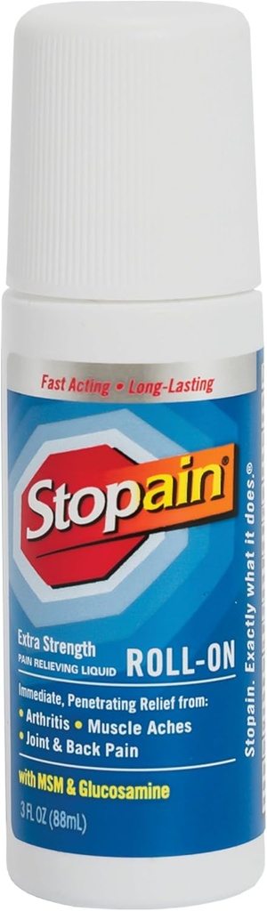 Stopain Pain Relief Roll On Gel 3oz, USA Made, Max Strength Fast Acting with MSM, Glucosamine, Menthol for Arthritis, Lower Back, Knee, Neck, HSA FSA Aprobado OTC Topical Analgesic Products