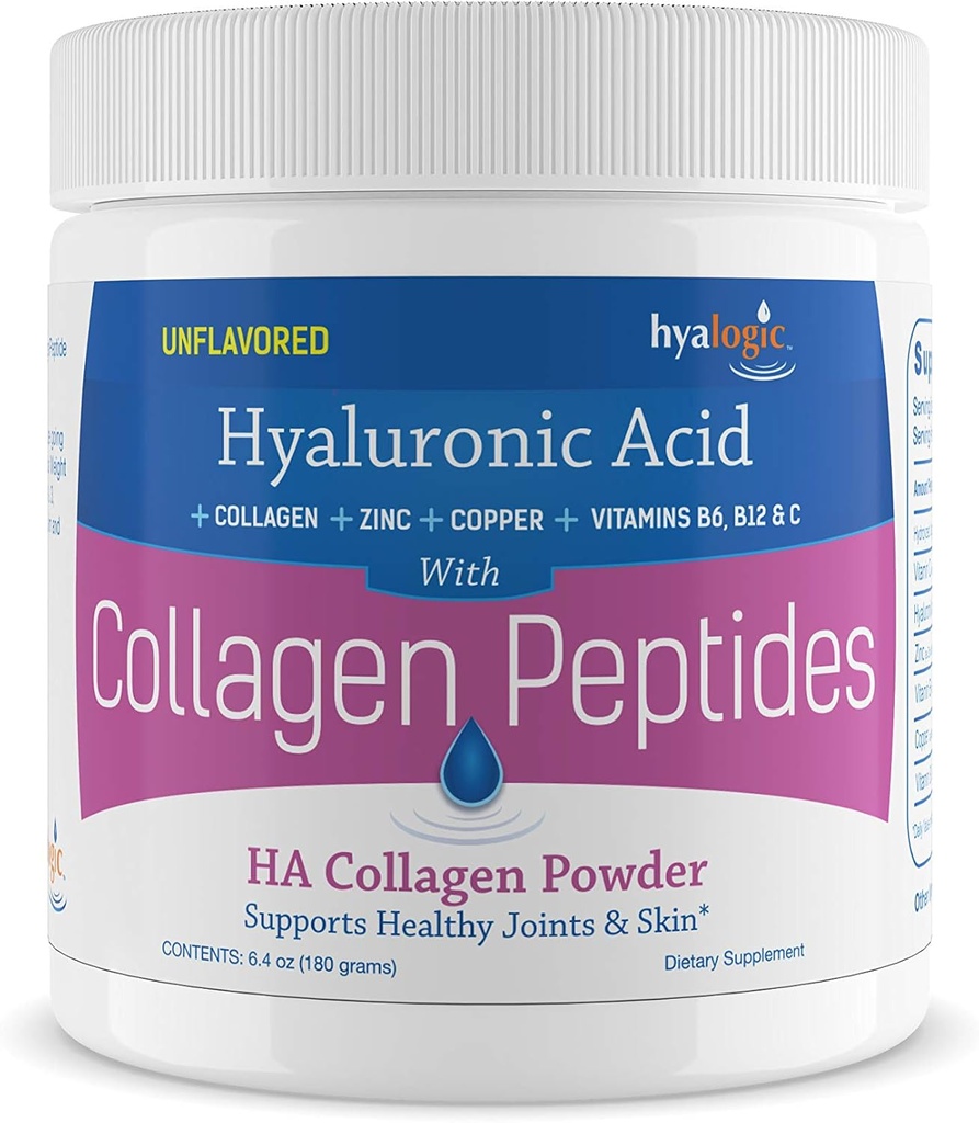 Hyalogic Collagen Peptides Powder w/Hyaluronic Acid, Hydrolyzed Types 1 & 3, Grass Fed, Keto Protein Powder Supplement for Hair Growth, Skin, Nails, Joints Unflavored Easy to Mix 6.4 oz (180 gr.)