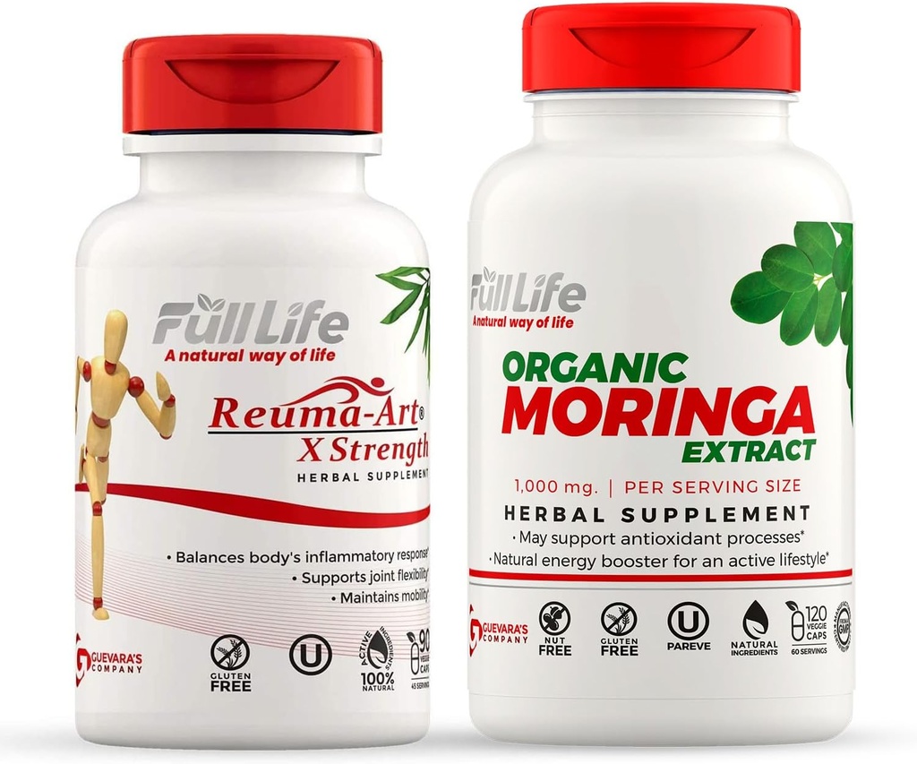 Full Life Reuma-Art X Strength and Moringa Capsules - Suplemento de soporte conjunto - Moringa Oleifera Extracto - Herbal, Kosher, Gluten-Free - Veggie Capsules