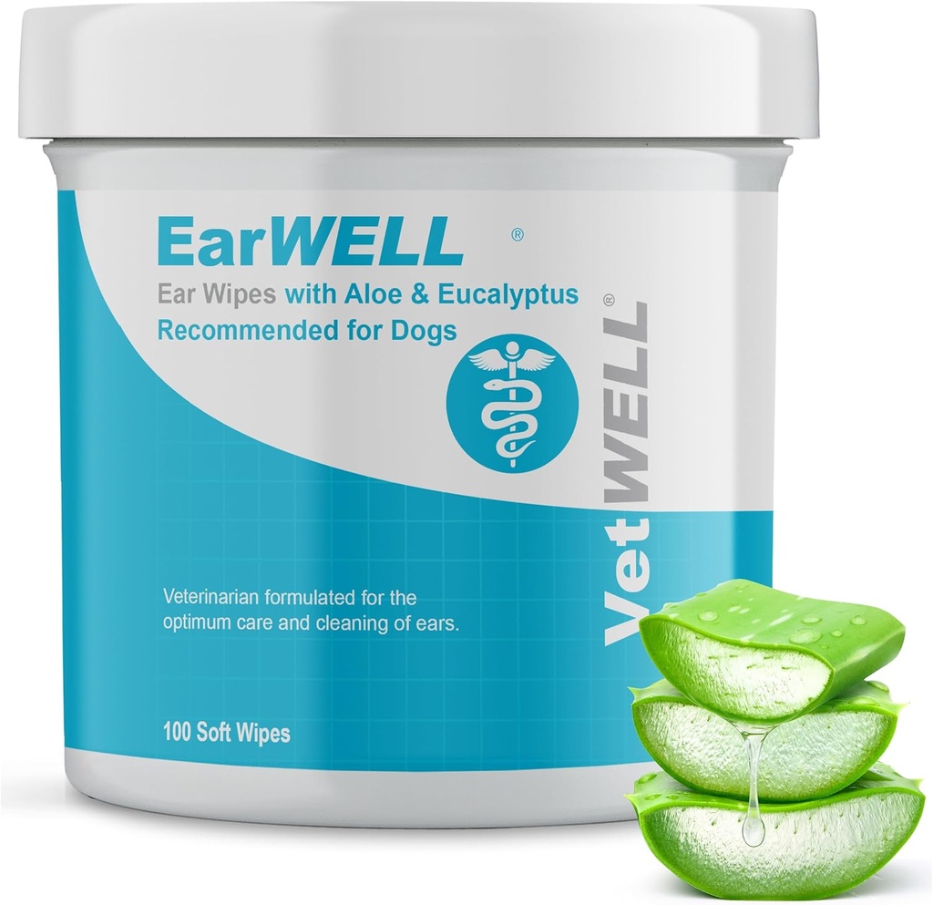 EarWELL por VetWELL Perro Ear Wipes - Otic Cleaning Wipes for Infections and Controlling Ear Odor en Mascotas - 100 Cuenta