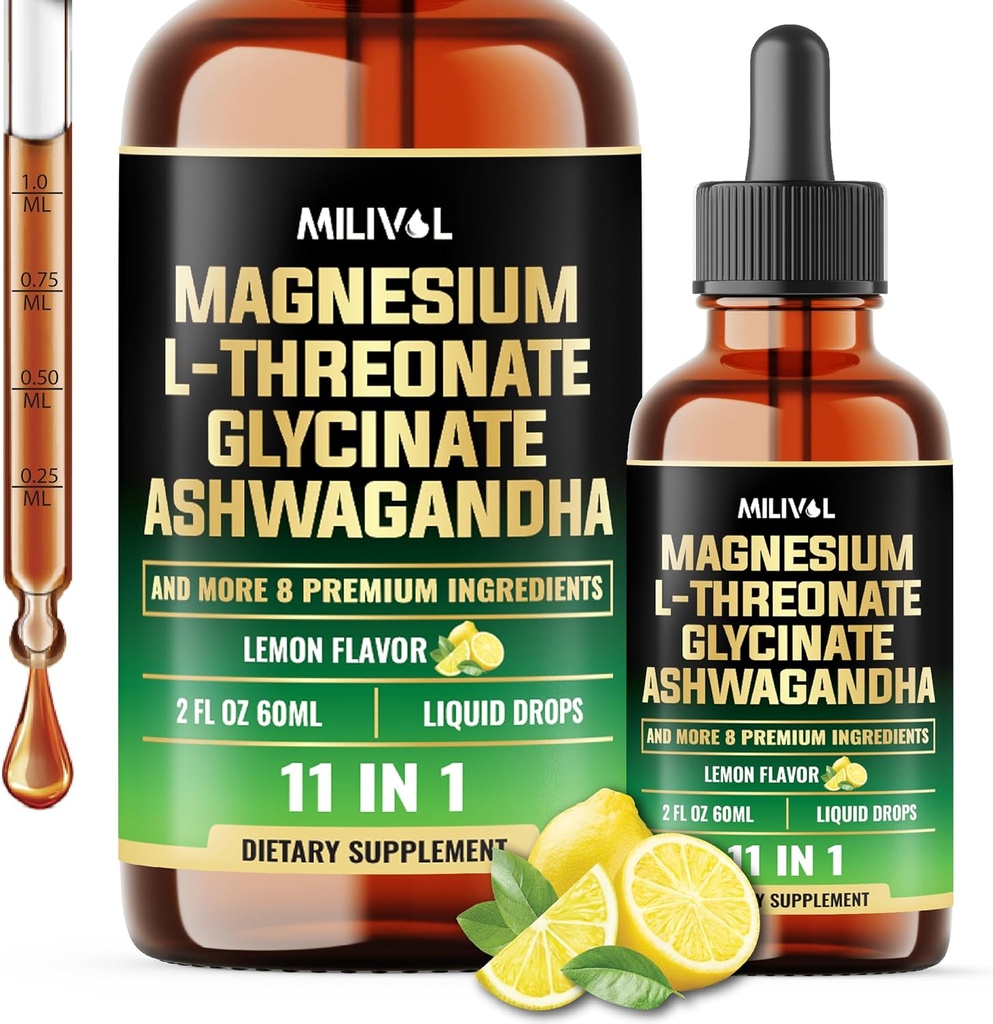 10in1 Magnesium L-Threonate Liquid Drops with Magnesium Glycinate, Ashwagandha, Vitamina D3, C, B6 &amp; 4 Otros ingredientes - 2 Fl Oz - Lemon Flavor