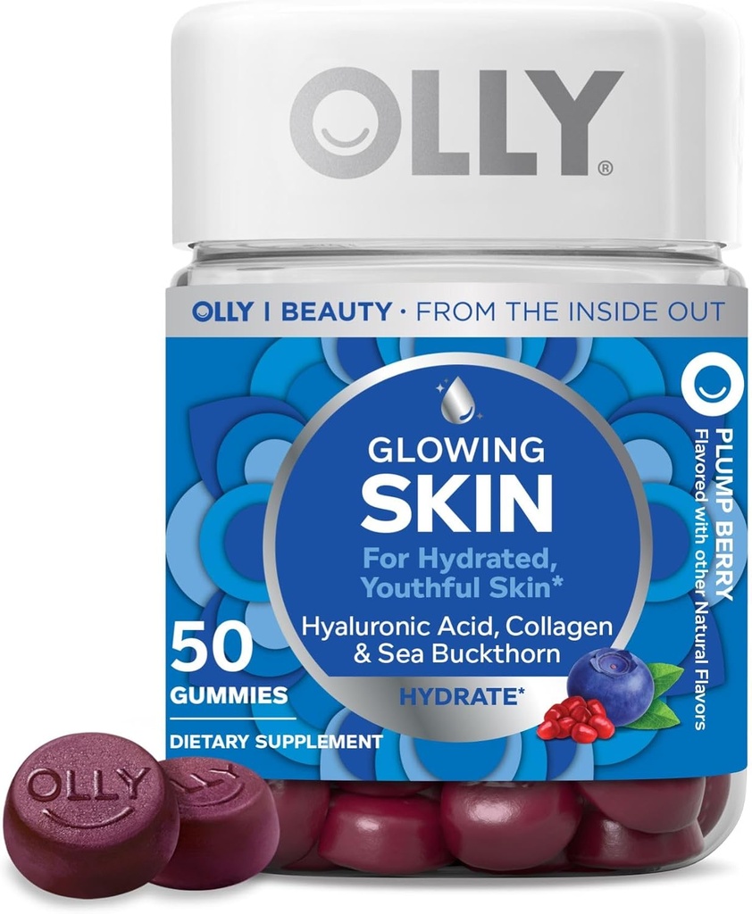 OLLY Glowing Skin Gummy, Hydrated " Youthful Skin,* Acid hialurónico, Peptides de Collagen, Buckthorn de mar, Plump Berry Flavor, 25 Day Supply - 50 Count
