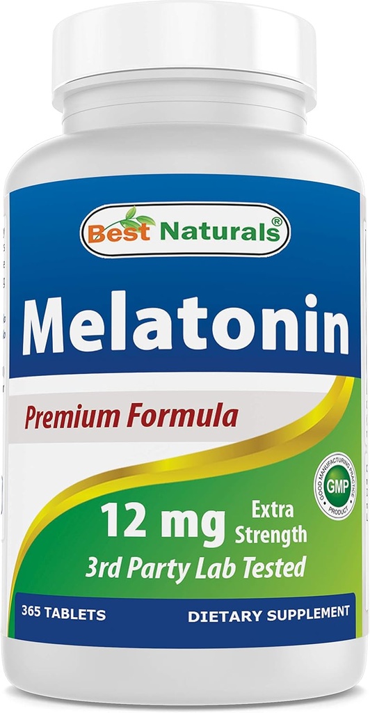 Mejores Naturales Melatonina 12 mg (1 año de suministro) - Asistencia para dormir libre de drogas - Melatonina para dormir y relajación, 365 conde (365 conde (Pack of 1))