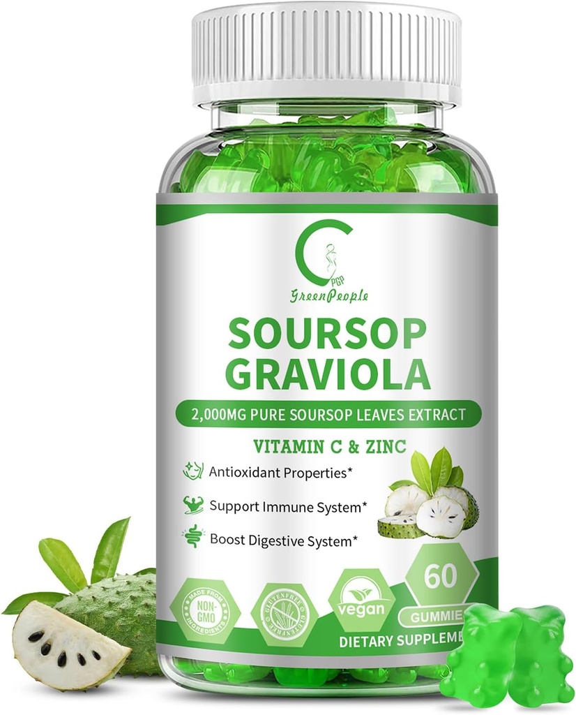 Soursop Graviola Gummies, Soursop Leaves Extract for Energy Boost, Digestive & Immune Support, Antioxidant Properties, Pure Soursop Fruit Gummies, Vegan, Non-GMO, 60 Condes