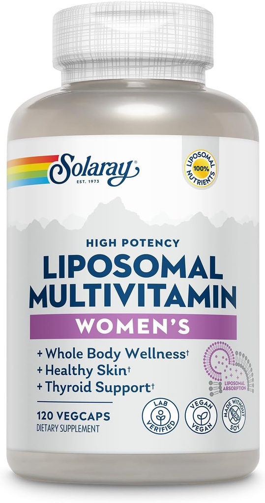 SOLARAY Multivitamínico Liposomal para Mujeres, Absorción Mejorada, Alta Potencia w / Hierro, Vitamina D, Vitamina C, B12, Biotina, CoQ10, Apoyo Inmunitario, Salud de Hueso, Vegan, 60 Servimientos, 120 VegCaps