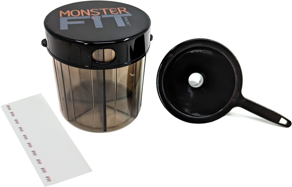 Monster Fit Suplemento Dispensador de pila de medicamentos con embudo y etiquetas de relleno, Manijas de recipiente extra grande casi cualquier suplemento (Monstruo con embudo)