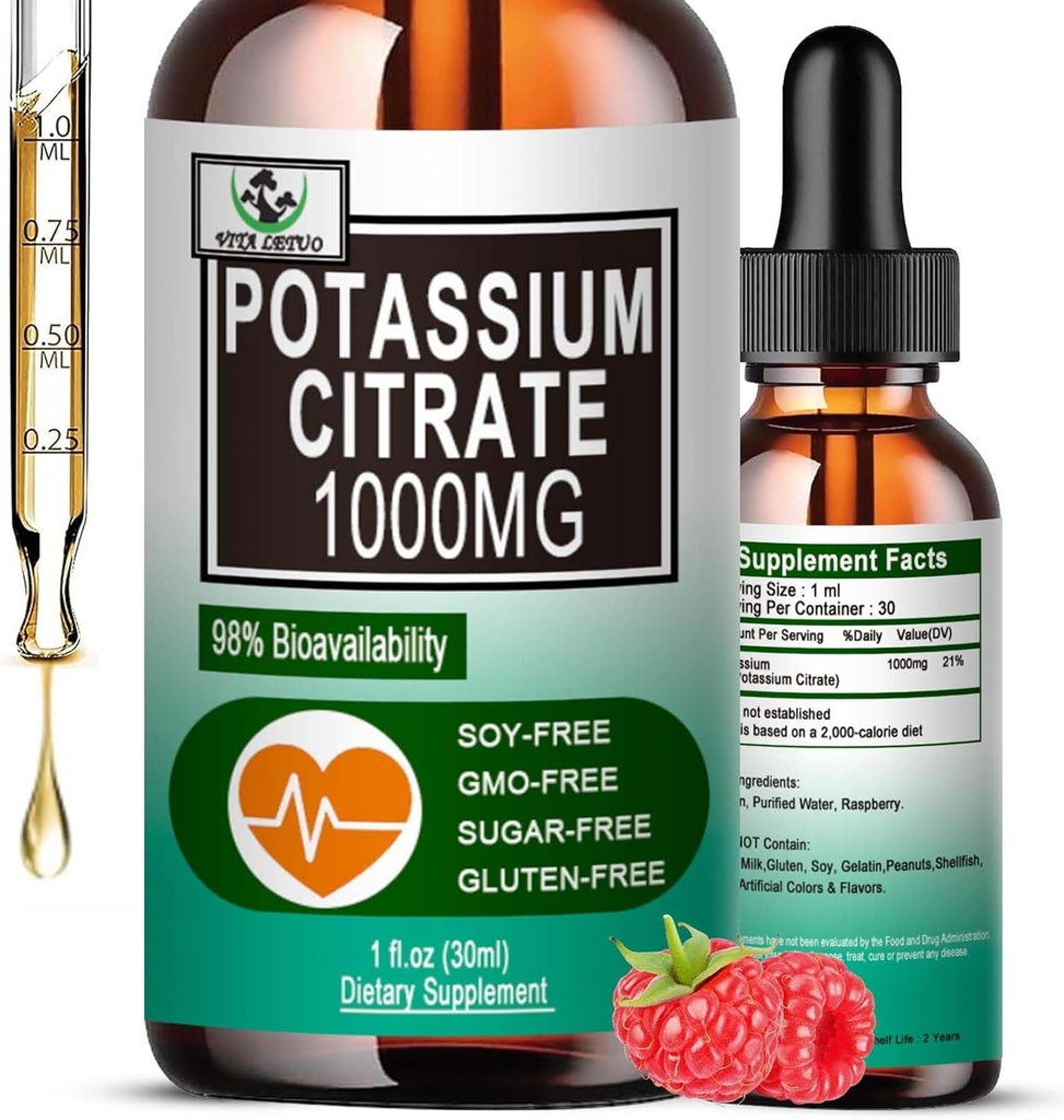 Potasio Citrate gotas líquidas,Potasio Suplemento 1000mg Apoyo líquido Muscle Cramp Relief, Heart Health and Sleep,Highly Absorbable for Adults Women &amp; Men, Vegan, 30 Actuaciones