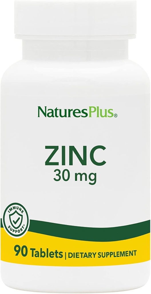 NaturesPlus Zinc Tablets - 30 mg, 90 Tabletas Vegetarianas - Immune System Supplement for Cellular Growth & Repair - Promotes Healthy Digestion, Metabolism & Vision - Gluten-Free - 90 Servings